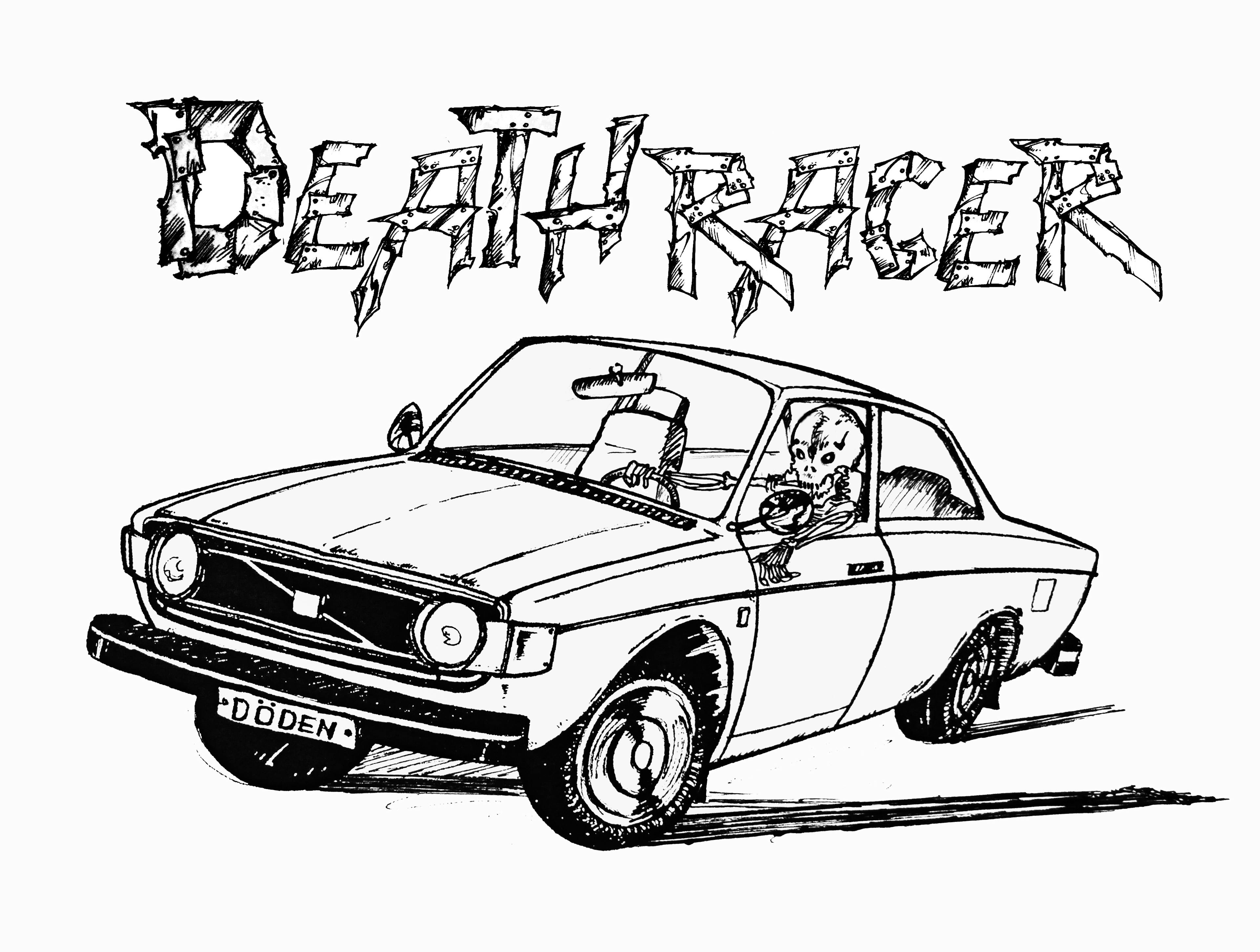 Deathracer logo - a Volvo 142 driven by a skeleton with the registration plate DEATH